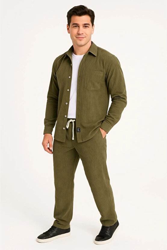 Erkek Kadife Oversize Takım – Gömlek Ve Pantolon İkili Set Füme Corduroy Şıklığı, Rahat Ve Zarif Dur