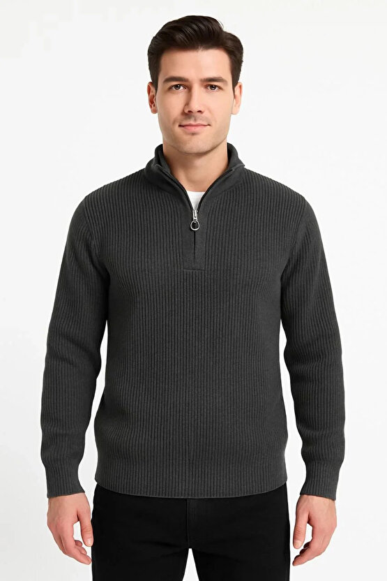 Erkek Yarım Fermuarlı Triko Kazak – Selanik Örgü, Dik Yaka, Pamuklu Dokuma, Regular Fit Uzun Kollu K