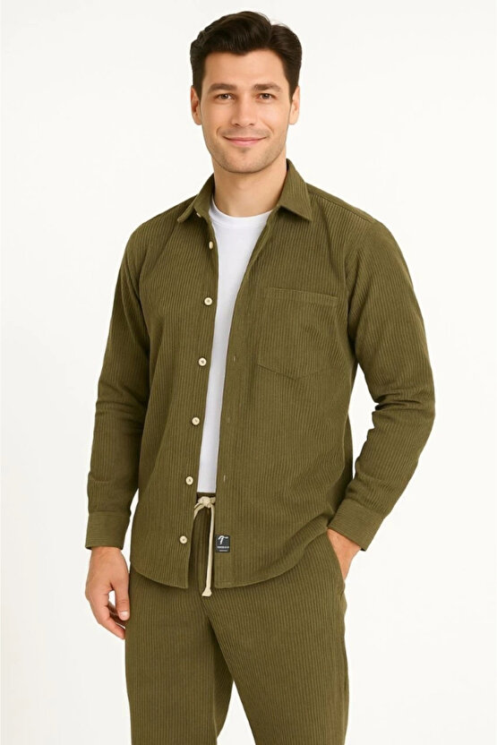 Erkek Kadife Oversize Takım – Gömlek Ve Pantolon İkili Set Füme Corduroy Şıklığı, Rahat Ve Zarif Dur