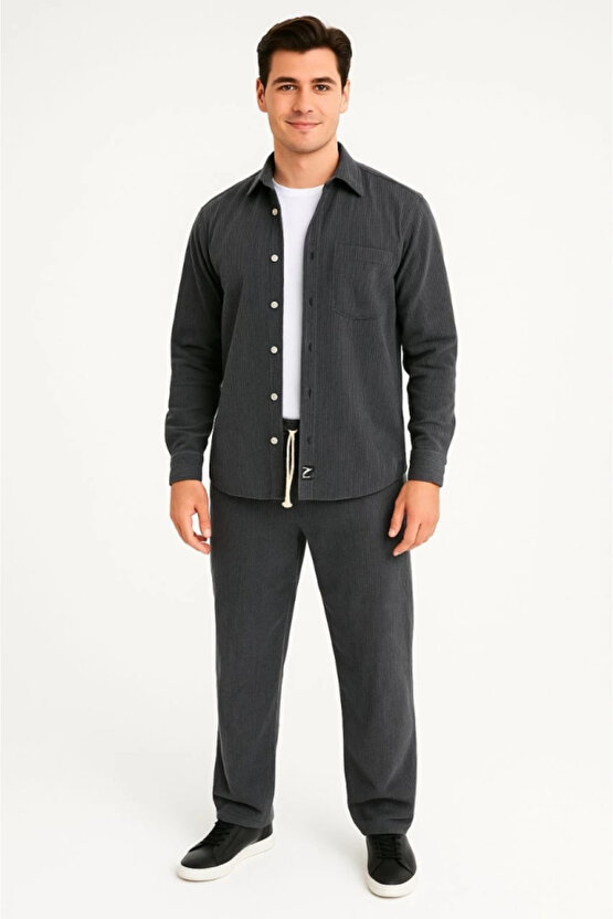 Erkek Kadife Oversize Takım – Gömlek Ve Pantolon İkili Set Füme Corduroy Şıklığı, Rahat Ve Zarif Dur