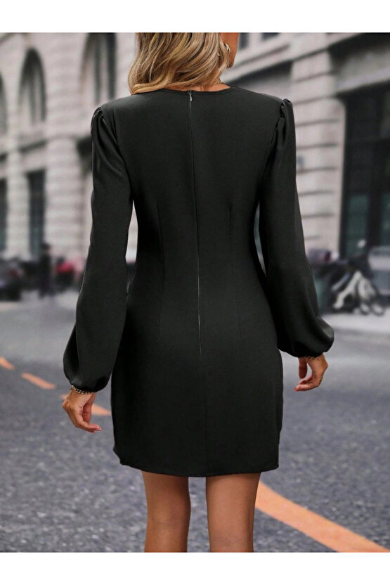 Kadın Uzun Kollu Kruvaze Yakalı Yanlardan Büzgü Detaylı Ithal Krep Kısa Elbise