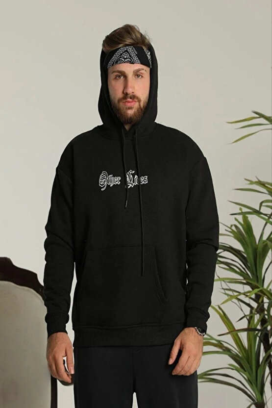 Erkek Kapşonlu Sweatshirt – Oversize Üç İplik Şardonlu Hoodie, Other Lives Ön & Arka Baskılı, Kang
