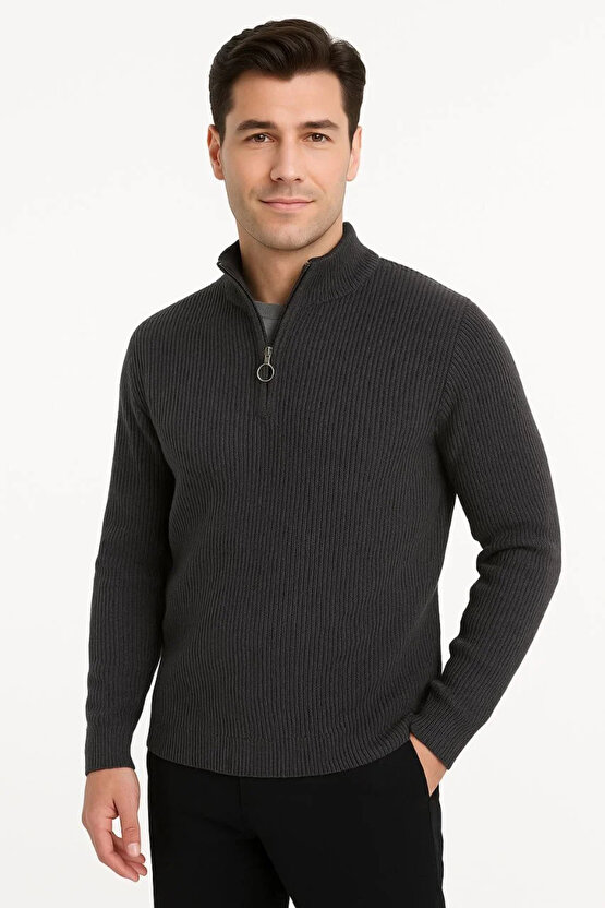 Erkek Yarım Fermuarlı Triko Kazak – Selanik Örgü, Dik Yaka, Pamuklu Dokuma, Regular Fit Uzun Kollu K