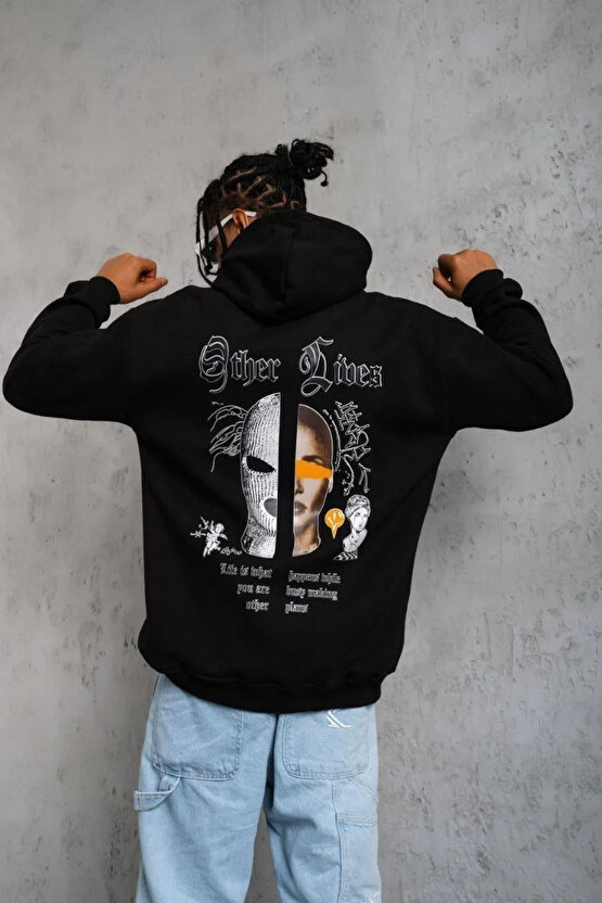 Erkek Kapşonlu Sweatshirt – Oversize Üç İplik Şardonlu Hoodie, Other Lives Ön & Arka Baskılı, Kang