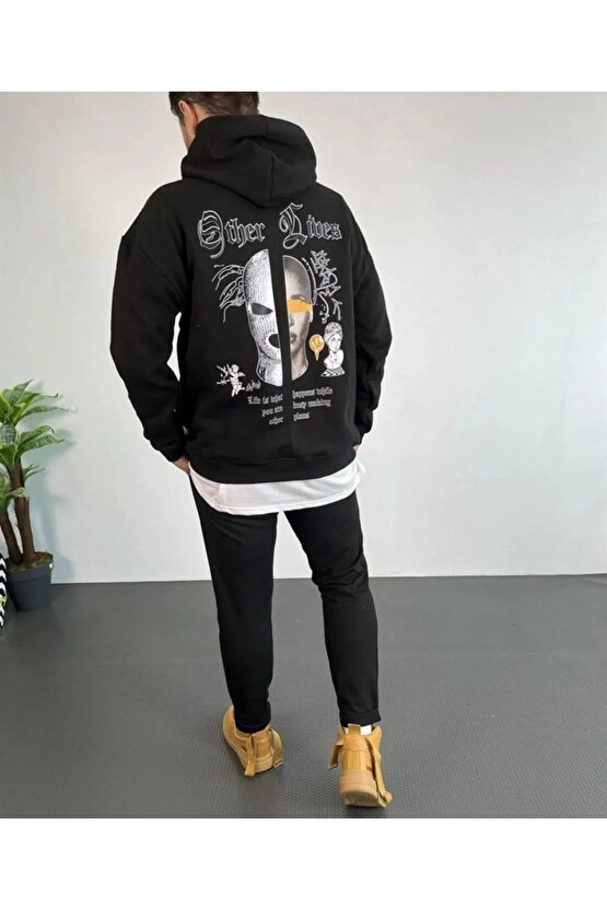 Erkek Kapşonlu Sweatshirt – Oversize Üç İplik Şardonlu Hoodie, Other Lives Ön & Arka Baskılı, Kang