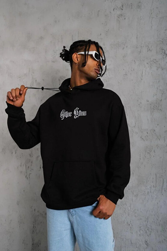 Erkek Kapşonlu Sweatshirt – Oversize Üç İplik Şardonlu Hoodie, Other Lives Ön & Arka Baskılı, Kang