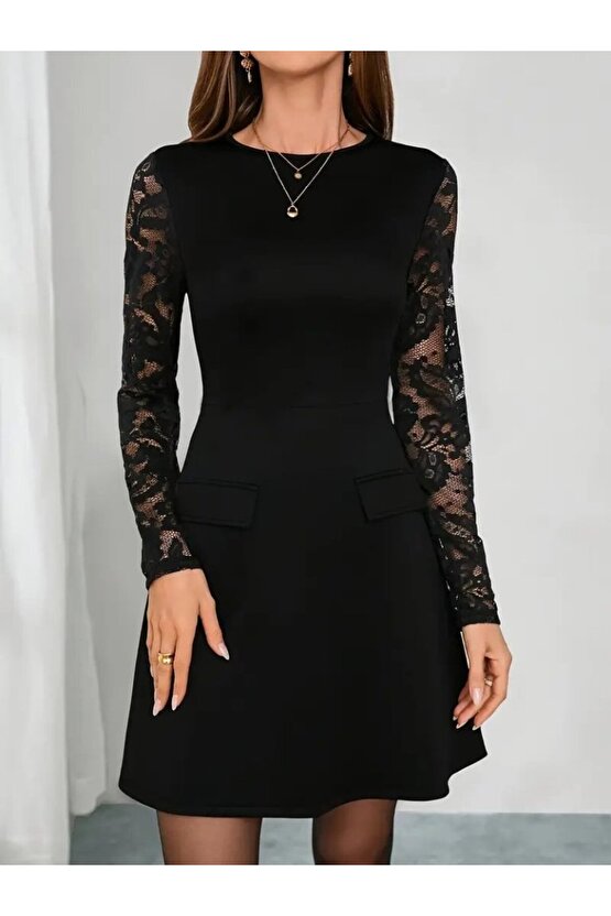 EQURİ Kadın Uzun Kollu Bisiklet Yaka Kolları Tül Detaylı Mini Ithal Krep Elbise