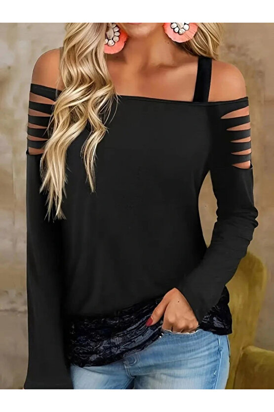 Kadın Uzun Lazer Kesik Detaylı Askılı Viskon Iki Iplik Bluz