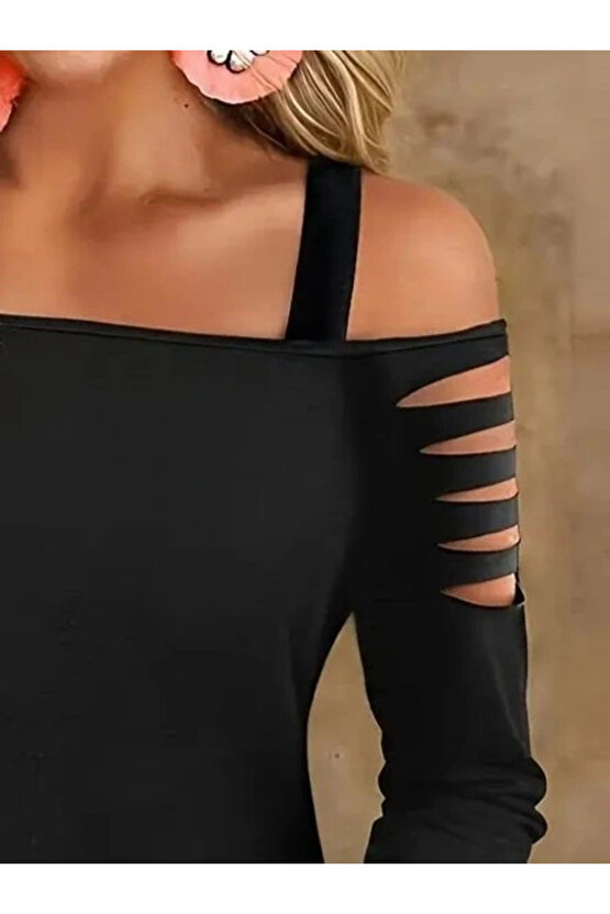 Kadın Uzun Lazer Kesik Detaylı Askılı Viskon Iki Iplik Bluz