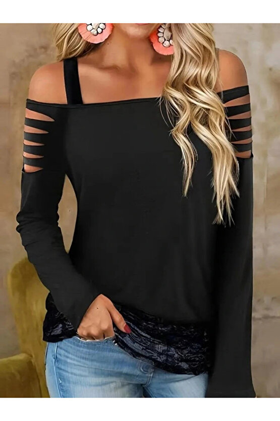 Kadın Uzun Lazer Kesik Detaylı Askılı Viskon Iki Iplik Bluz