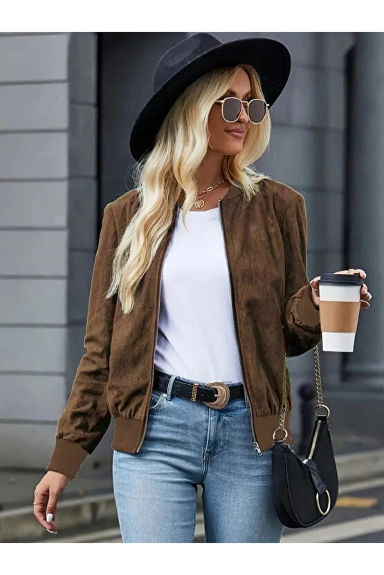 Kadın Uzun Kollu önden Fermuarlı Süet Ceket