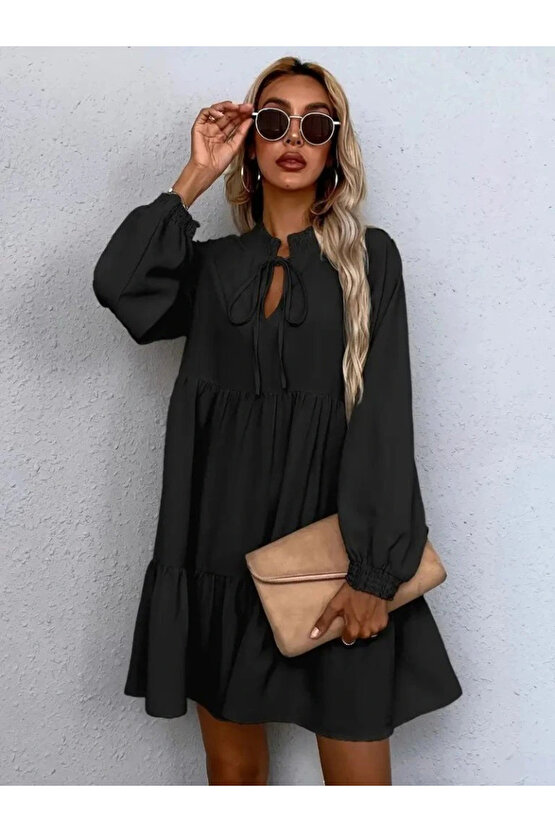 Kadın Uzun Kollu Yakadan Bağcıklı Fırfırlı Keten Mini Elbise
