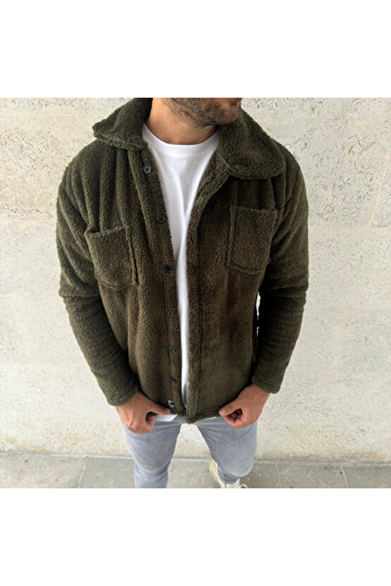 Erkek Pelüş Polar Hırka Gömlek – Yakalı, İlik Düğmeli, Göğüs Cepli, Yumuşak Dokulu Kışlık Regular Fi