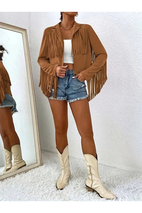 Kadın Uzun Kollu Yakalı Kısa Püsküllü Süet Ceket