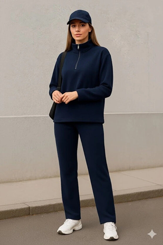 Kadın Balıkçı Yaka Fermuar Detay Polar Sweat Ve Pantolon Ikili Takım