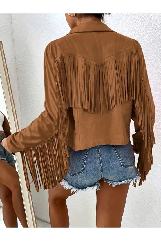 Kadın Uzun Kollu Yakalı Kısa Püsküllü Süet Ceket