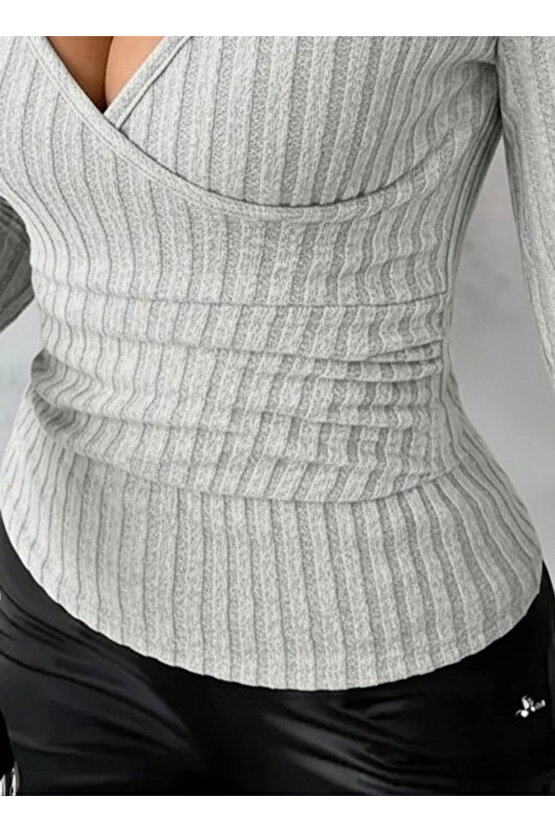 Kadın Uzun Kollu Kruvaze Yakalı Incili şardonlu Kaşkorse Bluz