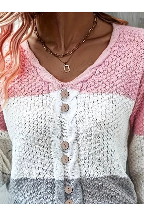 Kadın Uzun Kollu V Yakalı önden Düğmeli çok Renkli Bluz