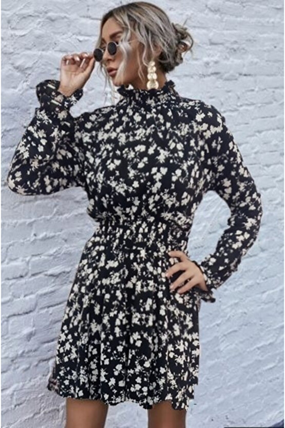 EGECEN Kadın Uzun Kollu Balıkçı Yaka çiçek Baskılı Helen Kumaş Elbise