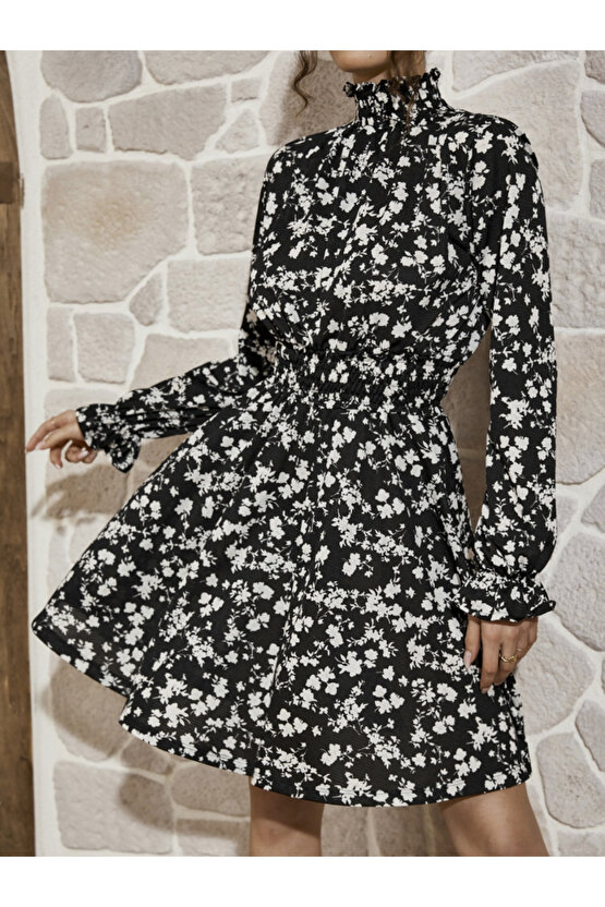 EGECEN Kadın Uzun Kollu Balıkçı Yaka çiçek Baskılı Helen Kumaş Elbise