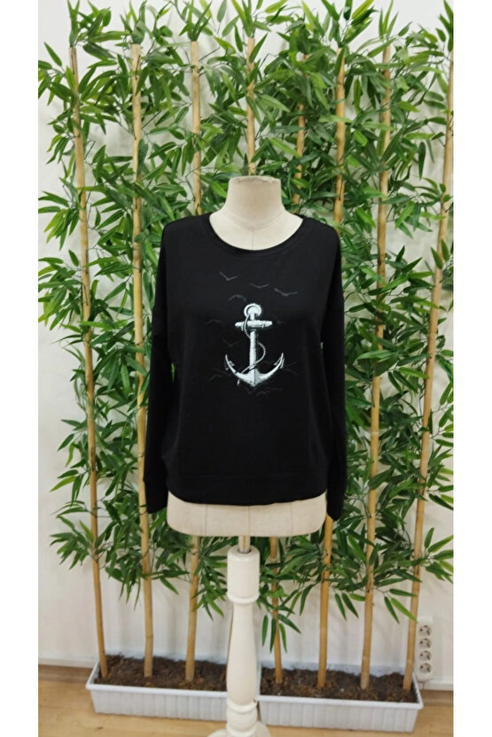 Kadın Uzun Kollu Bisiklet Yaka Desenli Viskon Iki Iplik Bluz