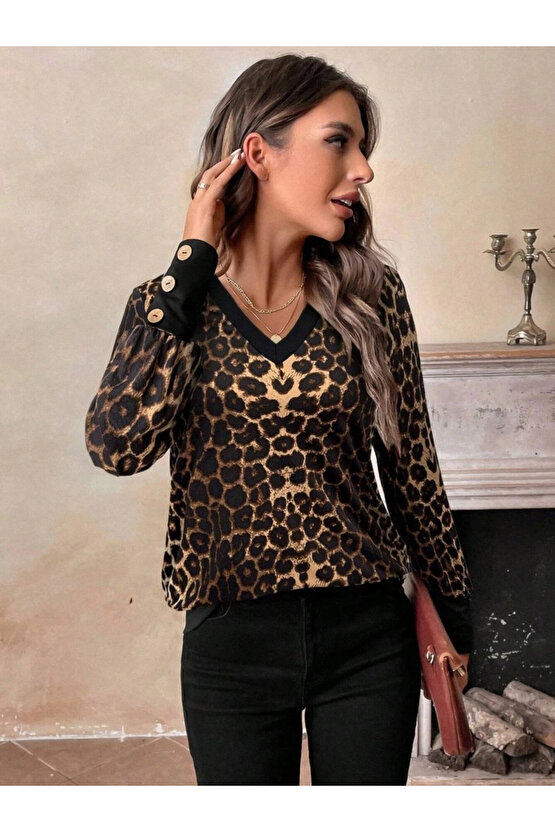 MDB Kadın Uzun Kollu V Yakalı Desenli Süprem Bluz