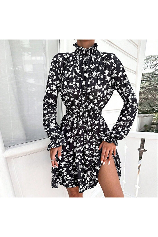 EGECEN Kadın Uzun Kollu Balıkçı Yaka çiçek Baskılı Helen Kumaş Elbise