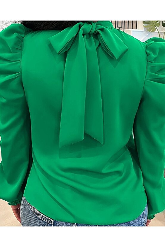 EQURİ Kadın Uzun Kollu Balıkçı Yaka Arkadan Bağlamalı Omuzlardan Balon Ithal Krep Bluz