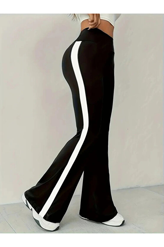 Kadın Yüksek Bel İspanyol Paçalı Yanlardan şerit Detaylı Dalgıç Tayt Pantolon