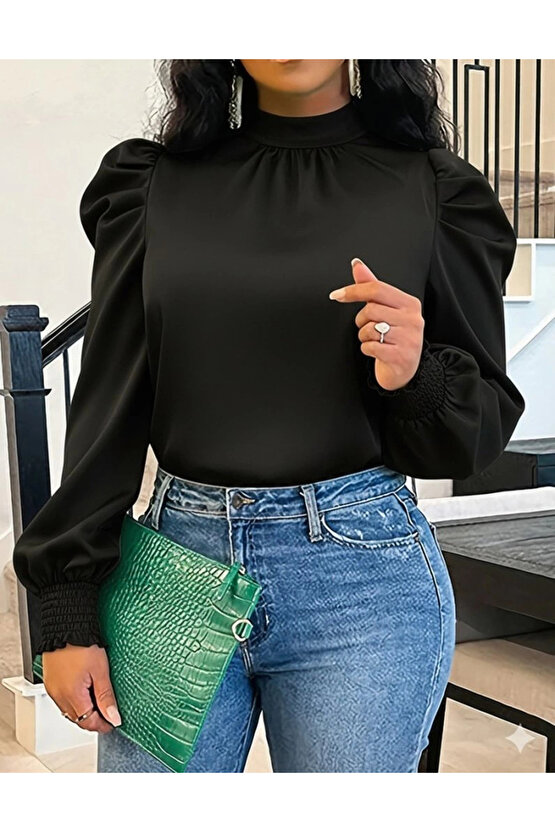 MDB Kadın Uzun Kollu Balıkçı Yaka Arkadan Bağlamalı Omuzlardan Balon Ithal Krep Bluz