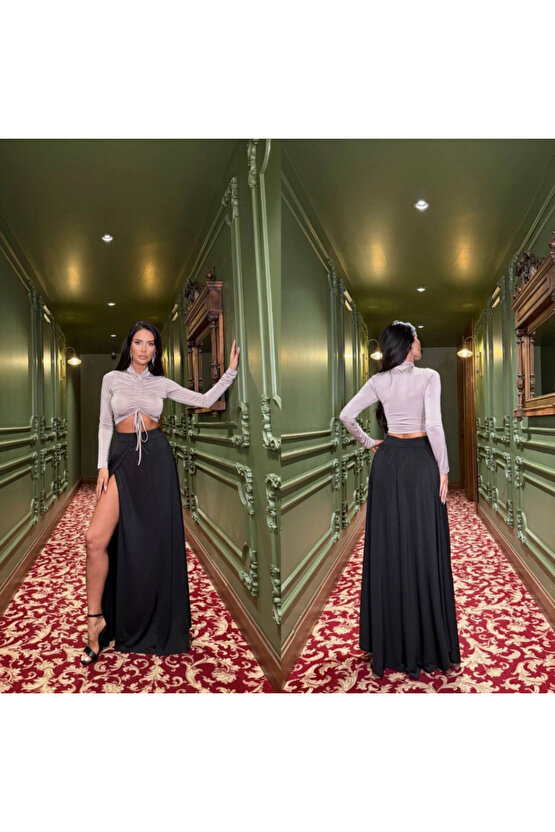 Kadın Asansör Büzgü Detay Krom Ve Derin Yırtmaçlı Maxi Boy Etek Ikili Takım