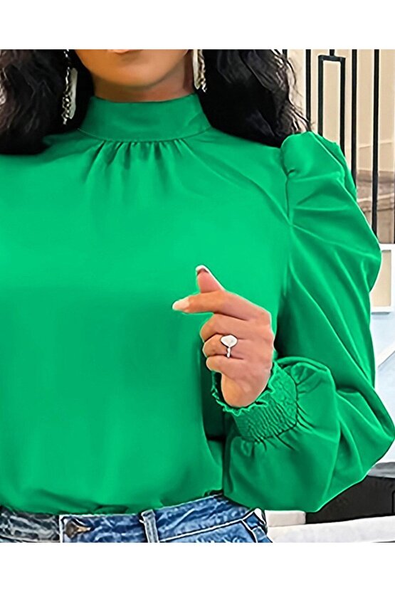 EQURİ Kadın Uzun Kollu Balıkçı Yaka Arkadan Bağlamalı Omuzlardan Balon Ithal Krep Bluz