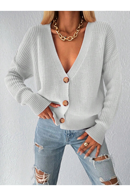 Kadın Uzun Kollu Düğme Detay Triko Bluz