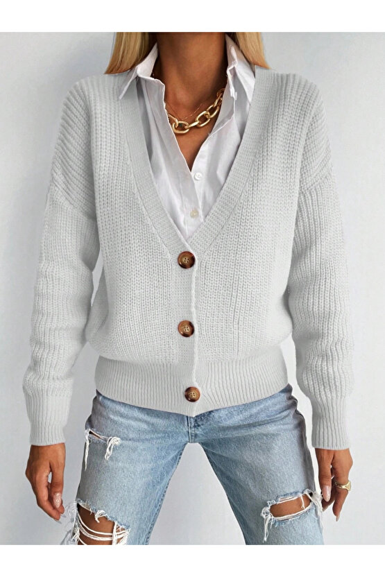 Kadın Uzun Kollu Düğme Detay Triko Bluz