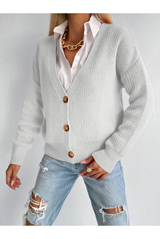 Kadın Uzun Kollu Düğme Detay Triko Bluz