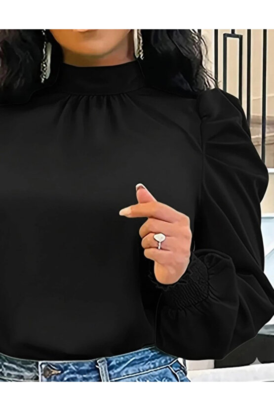 MDB Kadın Uzun Kollu Balıkçı Yaka Arkadan Bağlamalı Omuzlardan Balon Ithal Krep Bluz