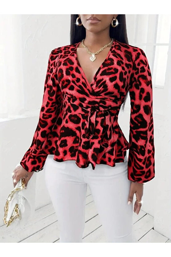 Kadın Uzun Kollu Kruvaze Yakalı Belden Kuşaklı Leopar Desenli Süprem Bluz