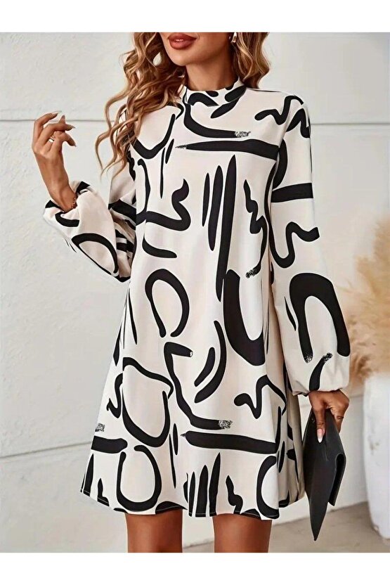 Kadın Uzun Kollu Balıkçı Yaka Desenli şardonlu Dalgıç Elbise