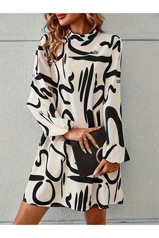 Kadın Uzun Kollu Balıkçı Yaka Desenli şardonlu Dalgıç Elbise