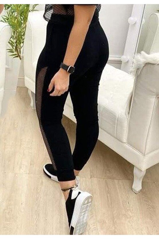 EQURİ Kadın Yüksek Bel File Detaylı Dar Kesim Viskon Iki Iplik Pantolon