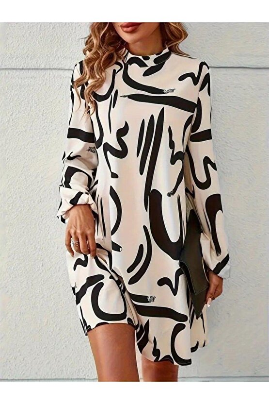 Kadın Uzun Kollu Balıkçı Yaka Desenli şardonlu Dalgıç Elbise