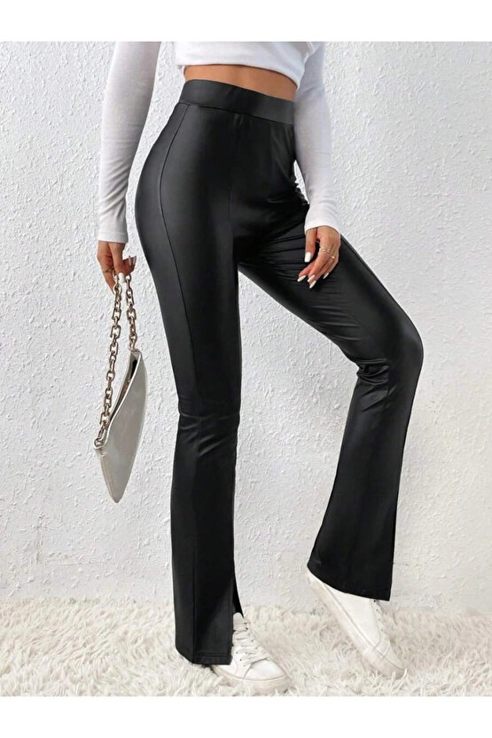 Kadın Yüksek Bel önden Yırtmaçlı Deri Tayt