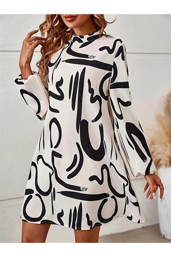 Kadın Uzun Kollu Balıkçı Yaka Desenli şardonlu Dalgıç Elbise