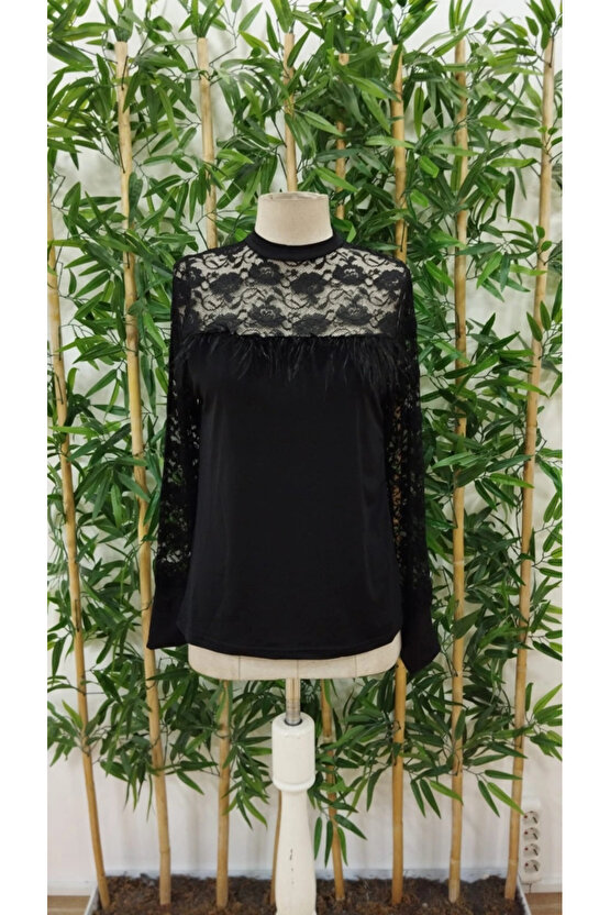 Kadın Uzun Kollu Yarı Balıkçı Yaka Dantelli Sandy Bluz