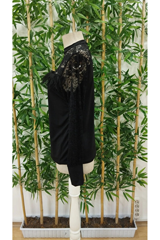 Kadın Uzun Kollu Yarı Balıkçı Yaka Dantelli Sandy Bluz