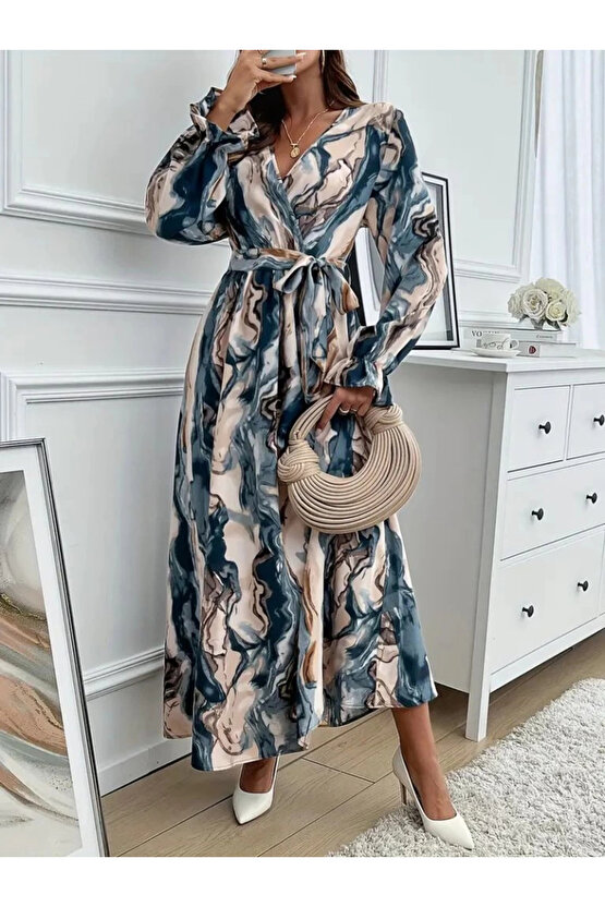 Kadın Uzun Kollu Kruvaze Yakalı Beli Kuşaklı Desenli Süprem Maxi Elbise