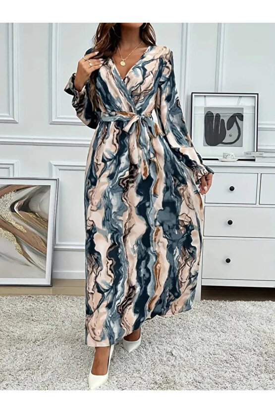 Kadın Uzun Kollu Kruvaze Yakalı Beli Kuşaklı Desenli Süprem Maxi Elbise