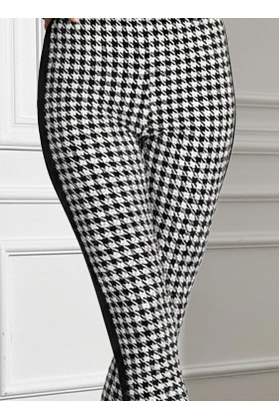 EQURİ Kadın Yüksek Bel Kaz Ayağı Desenli Yanları şeritli Dalgıç Pantolon