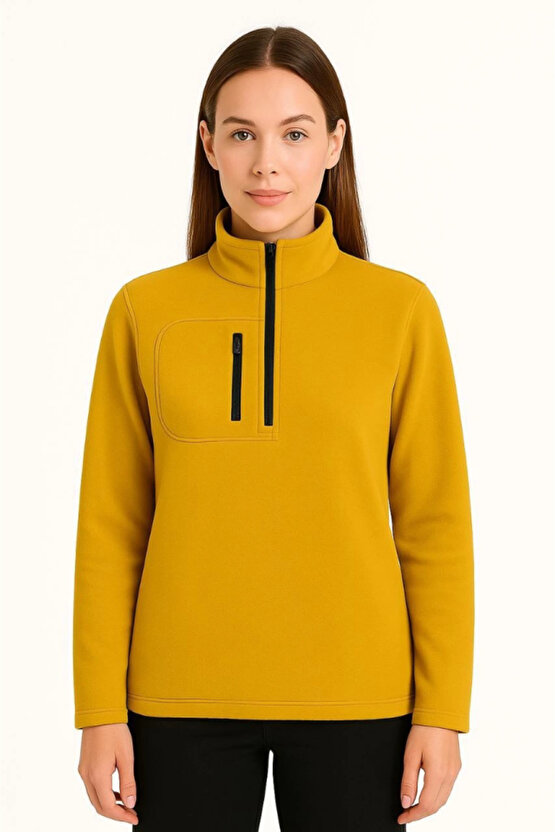 EQURİ Polar Kazak – Dik Yaka, Yarım Fermuarlı, Fermuarlı Göğüs Cepli, Siyah Biyeli, Kışlık Rahat Reg