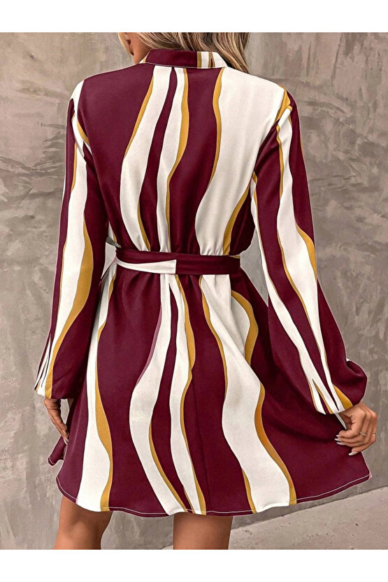 Kadın Uzun Kollu Kruvaze Yakalı Desenli Modal Mini Elbise